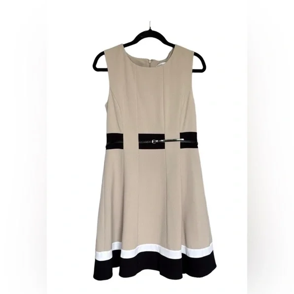 Calvin Klein Womens Dress Size 10 Beige Fit Flare Belted Striped Chic - Picture 2 of 4